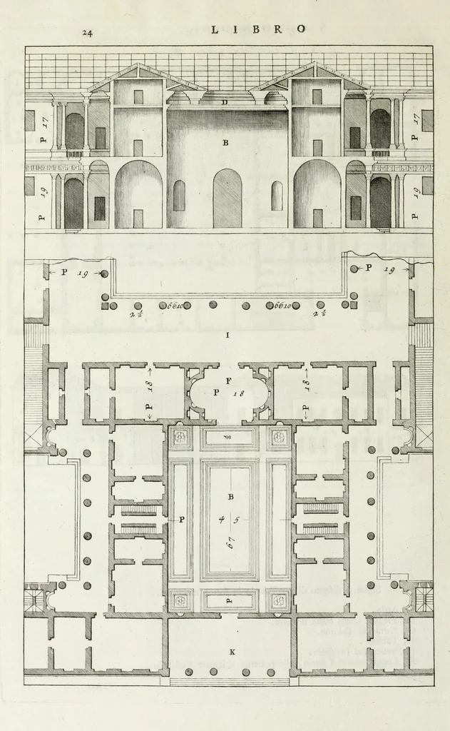 An illustration from I qvattro libri dell'architettvra di Andrea Palladio : ne' quali, dopo un breue trattato de' cinque ordini, & di quelli auertimenti, che sono piu necessarii nel fabricare; si tratta delle case private, delle vie, de i ponti, delle piazze, de i xisti, et de' tempij, 1771, leaf 97