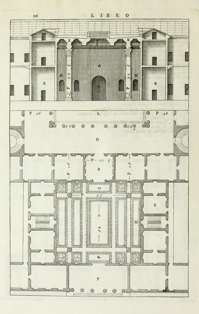 An illustration from I qvattro libri dell'architettvra di Andrea Palladio : ne' quali, dopo un breue trattato de' cinque ordini, & di quelli auertimenti, che sono piu necessarii nel fabricare; si tratta delle case private, delle vie, de i ponti, delle piazze, de i xisti, et de' tempij, 1771, leaf 99