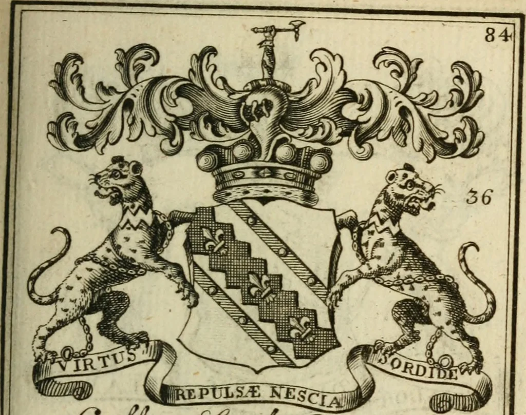 An illustration from The Irish compendium; or, Rudiments of honour. Containing the descents, marriages, issue, titles, posts, and seats of all the nobility of Ireland; with their arms, crests, supporters, mottos and Parliament robes ... Also a supplement, shewing the antiquity, dignity, and use of armories .., 1745, leaf 100