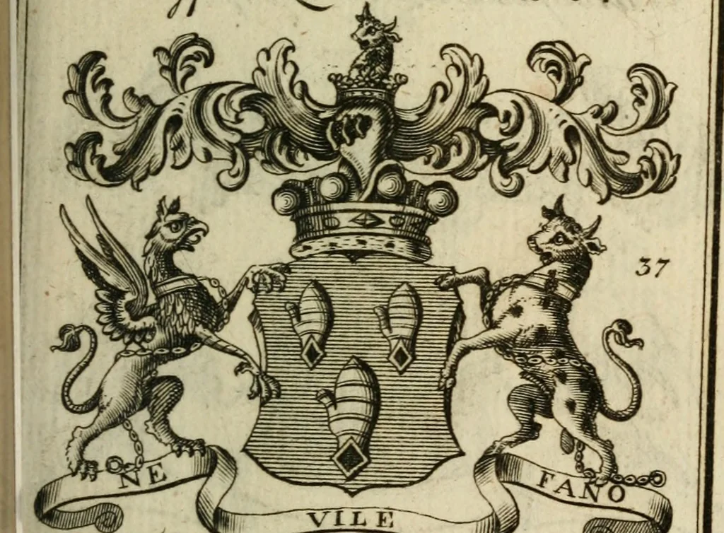 An illustration from The Irish compendium; or, Rudiments of honour. Containing the descents, marriages, issue, titles, posts, and seats of all the nobility of Ireland; with their arms, crests, supporters, mottos and Parliament robes ... Also a supplement, shewing the antiquity, dignity, and use of armories .., 1745, leaf 100