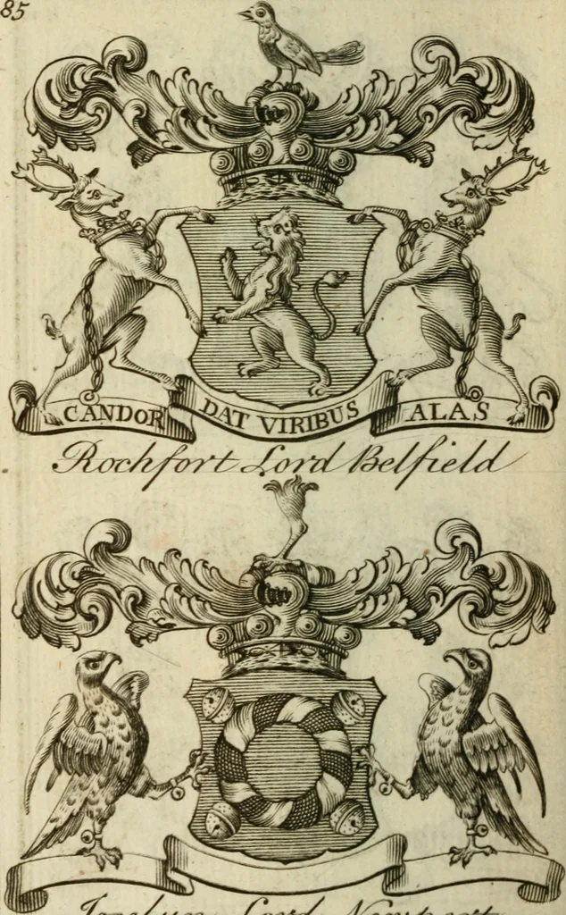 An illustration from The Irish compendium; or, Rudiments of honour. Containing the descents, marriages, issue, titles, posts, and seats of all the nobility of Ireland; with their arms, crests, supporters, mottos and Parliament robes ... Also a supplement, shewing the antiquity, dignity, and use of armories .., 1745, leaf 101