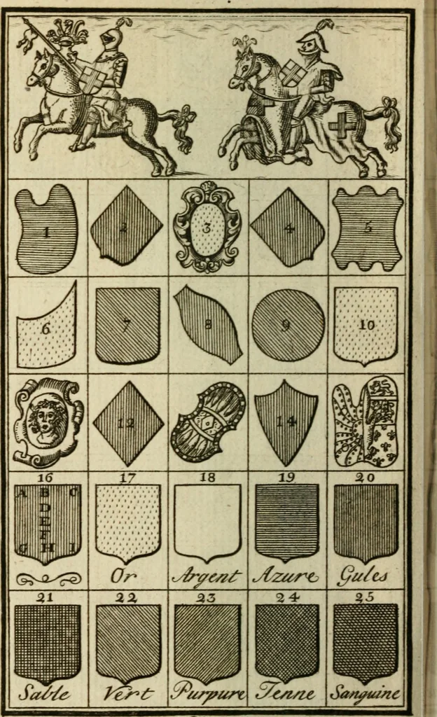 An illustration from The Irish compendium; or, Rudiments of honour. Containing the descents, marriages, issue, titles, posts, and seats of all the nobility of Ireland; with their arms, crests, supporters, mottos and Parliament robes ... Also a supplement, shewing the antiquity, dignity, and use of armories .., 1745, leaf 103