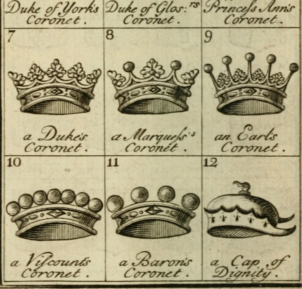 An illustration from The Irish compendium; or, Rudiments of honour. Containing the descents, marriages, issue, titles, posts, and seats of all the nobility of Ireland; with their arms, crests, supporters, mottos and Parliament robes ... Also a supplement, shewing the antiquity, dignity, and use of armories .., 1745, leaf 119