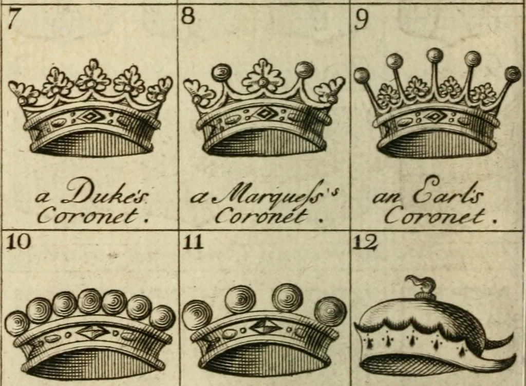 An illustration from The Irish compendium; or, Rudiments of honour. Containing the descents, marriages, issue, titles, posts, and seats of all the nobility of Ireland; with their arms, crests, supporters, mottos and Parliament robes ... Also a supplement, shewing the antiquity, dignity, and use of armories .., 1745, leaf 121