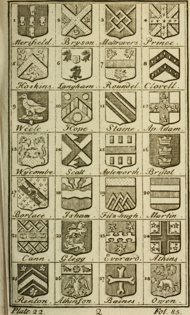 An illustration from The Irish compendium; or, Rudiments of honour. Containing the descents, marriages, issue, titles, posts, and seats of all the nobility of Ireland; with their arms, crests, supporters, mottos and Parliament robes ... Also a supplement, shewing the antiquity, dignity, and use of armories .., 1745, leaf 128