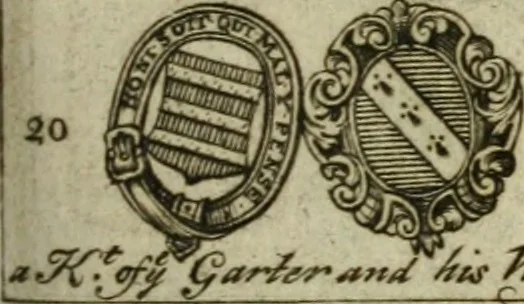 An illustration from The Irish compendium; or, Rudiments of honour. Containing the descents, marriages, issue, titles, posts, and seats of all the nobility of Ireland; with their arms, crests, supporters, mottos and Parliament robes ... Also a supplement, shewing the antiquity, dignity, and use of armories .., 1745, leaf 132