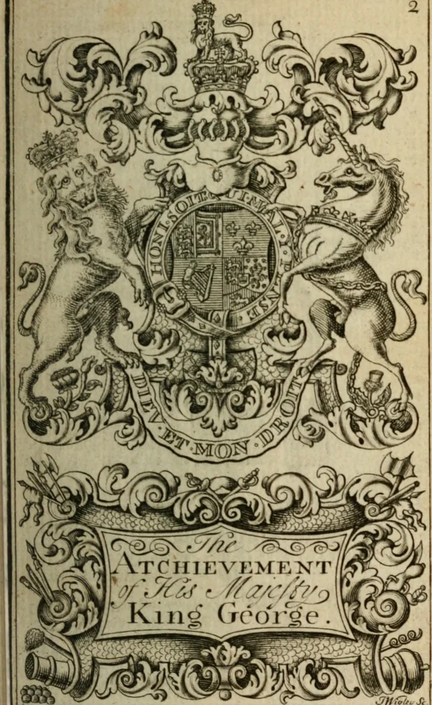 An illustration from The Irish compendium; or, Rudiments of honour. Containing the descents, marriages, issue, titles, posts, and seats of all the nobility of Ireland; with their arms, crests, supporters, mottos and Parliament robes ... Also a supplement, shewing the antiquity, dignity, and use of armories .., 1745, leaf 18
