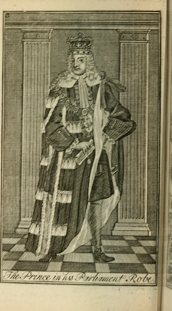 An illustration from The Irish compendium; or, Rudiments of honour. Containing the descents, marriages, issue, titles, posts, and seats of all the nobility of Ireland; with their arms, crests, supporters, mottos and Parliament robes ... Also a supplement, shewing the antiquity, dignity, and use of armories .., 1745, leaf 19
