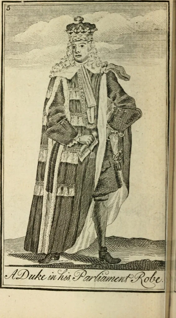 An illustration from The Irish compendium; or, Rudiments of honour. Containing the descents, marriages, issue, titles, posts, and seats of all the nobility of Ireland; with their arms, crests, supporters, mottos and Parliament robes ... Also a supplement, shewing the antiquity, dignity, and use of armories .., 1745, leaf 21