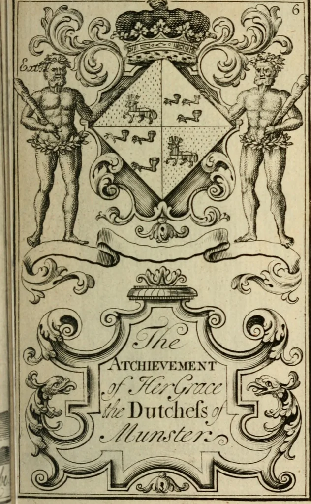 An illustration from The Irish compendium; or, Rudiments of honour. Containing the descents, marriages, issue, titles, posts, and seats of all the nobility of Ireland; with their arms, crests, supporters, mottos and Parliament robes ... Also a supplement, shewing the antiquity, dignity, and use of armories .., 1745, leaf 22