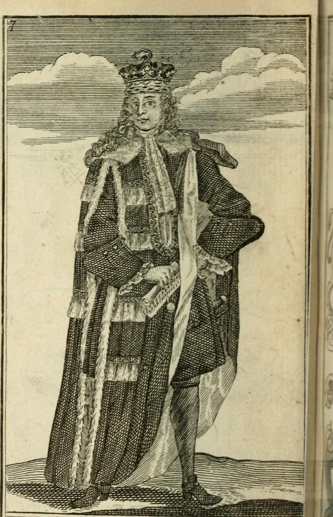 An illustration from The Irish compendium; or, Rudiments of honour. Containing the descents, marriages, issue, titles, posts, and seats of all the nobility of Ireland; with their arms, crests, supporters, mottos and Parliament robes ... Also a supplement, shewing the antiquity, dignity, and use of armories .., 1745, leaf 23