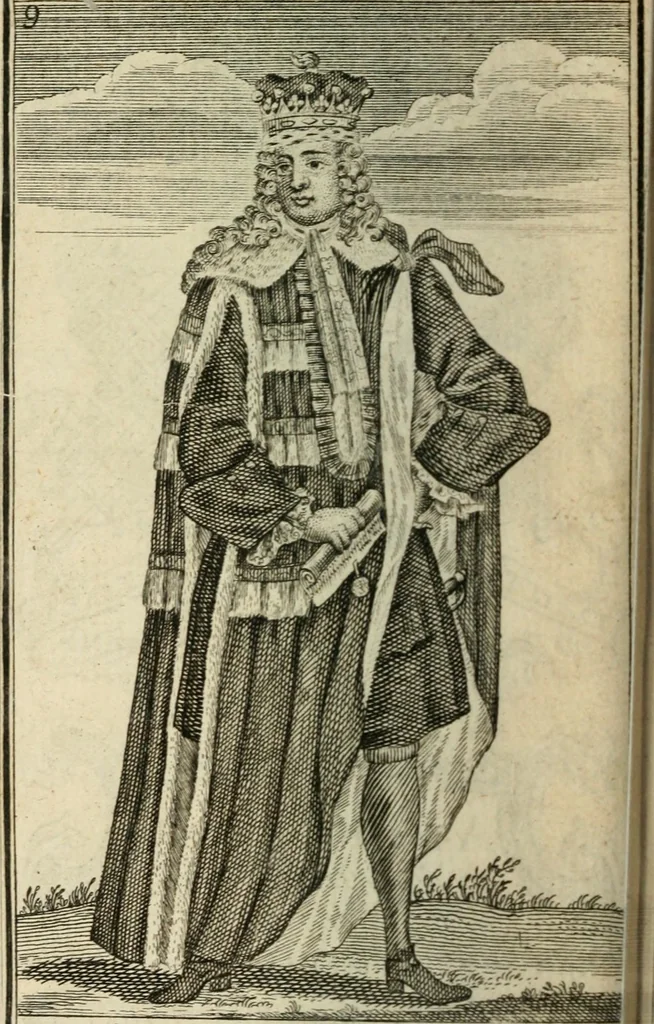 An illustration from The Irish compendium; or, Rudiments of honour. Containing the descents, marriages, issue, titles, posts, and seats of all the nobility of Ireland; with their arms, crests, supporters, mottos and Parliament robes ... Also a supplement, shewing the antiquity, dignity, and use of armories .., 1745, leaf 25