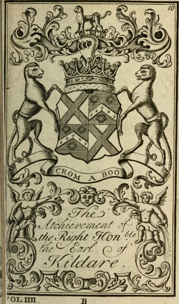 An illustration from The Irish compendium; or, Rudiments of honour. Containing the descents, marriages, issue, titles, posts, and seats of all the nobility of Ireland; with their arms, crests, supporters, mottos and Parliament robes ... Also a supplement, shewing the antiquity, dignity, and use of armories .., 1745, leaf 26