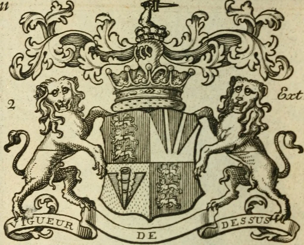 An illustration from The Irish compendium; or, Rudiments of honour. Containing the descents, marriages, issue, titles, posts, and seats of all the nobility of Ireland; with their arms, crests, supporters, mottos and Parliament robes ... Also a supplement, shewing the antiquity, dignity, and use of armories .., 1745, leaf 27