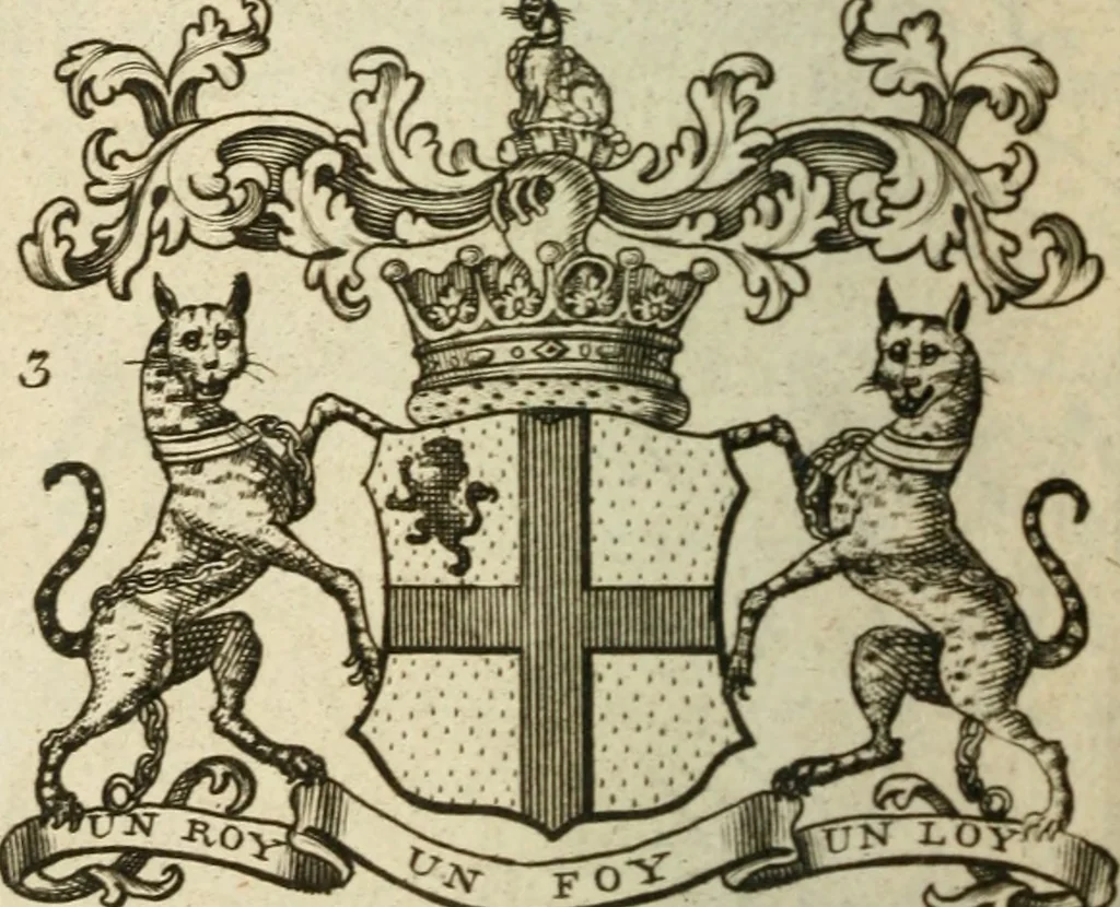 An illustration from The Irish compendium; or, Rudiments of honour. Containing the descents, marriages, issue, titles, posts, and seats of all the nobility of Ireland; with their arms, crests, supporters, mottos and Parliament robes ... Also a supplement, shewing the antiquity, dignity, and use of armories .., 1745, leaf 27