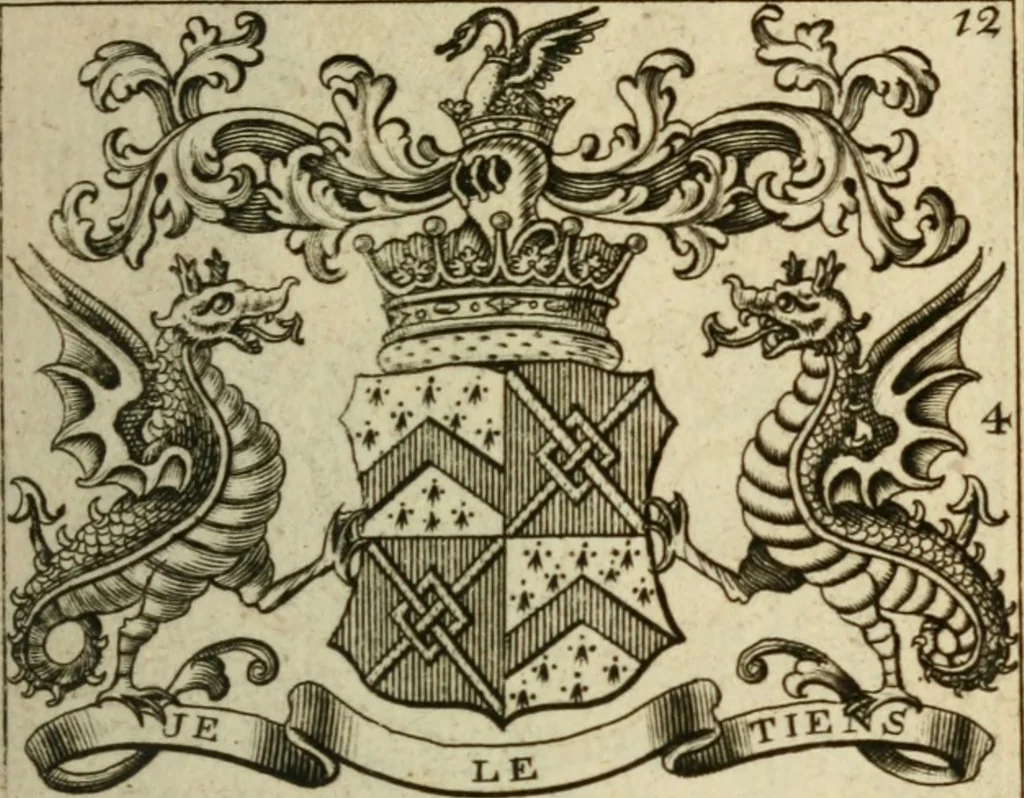 An illustration from The Irish compendium; or, Rudiments of honour. Containing the descents, marriages, issue, titles, posts, and seats of all the nobility of Ireland; with their arms, crests, supporters, mottos and Parliament robes ... Also a supplement, shewing the antiquity, dignity, and use of armories .., 1745, leaf 28