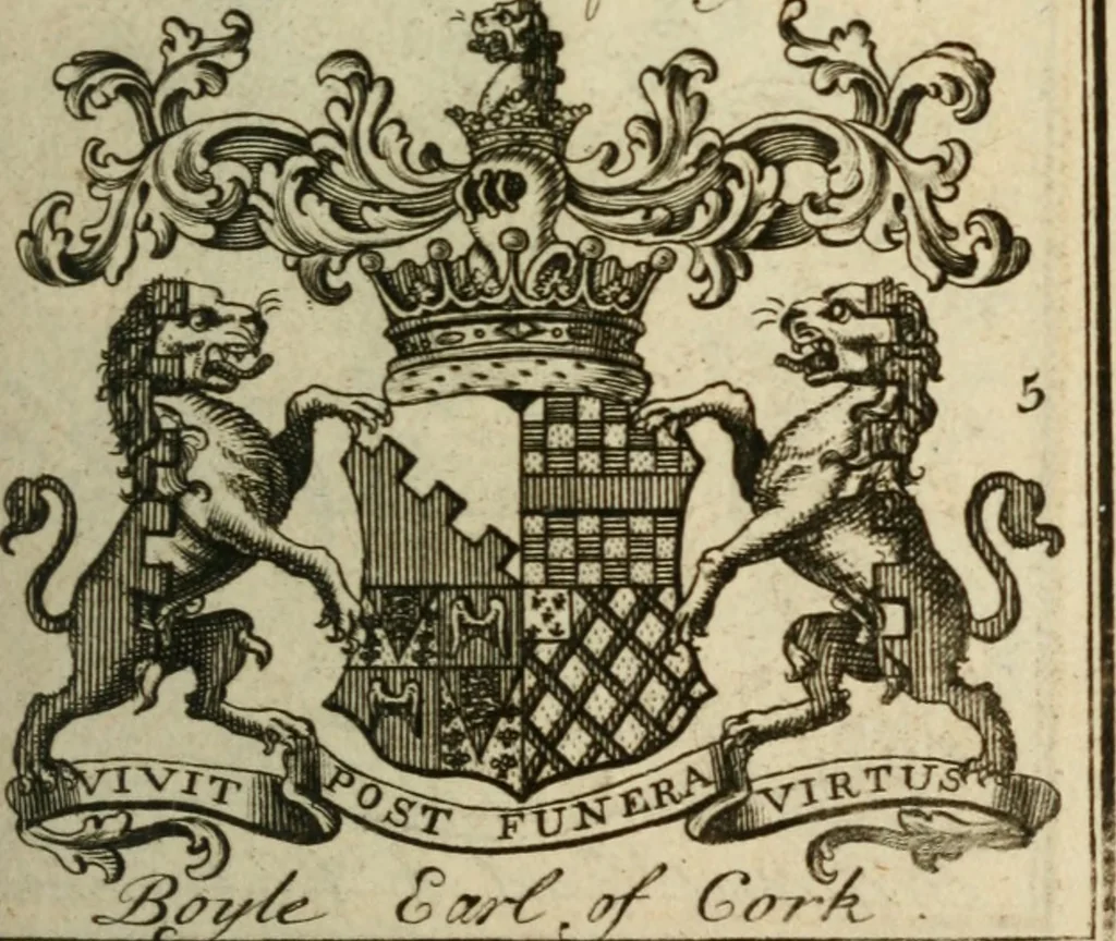 An illustration from The Irish compendium; or, Rudiments of honour. Containing the descents, marriages, issue, titles, posts, and seats of all the nobility of Ireland; with their arms, crests, supporters, mottos and Parliament robes ... Also a supplement, shewing the antiquity, dignity, and use of armories .., 1745, leaf 28