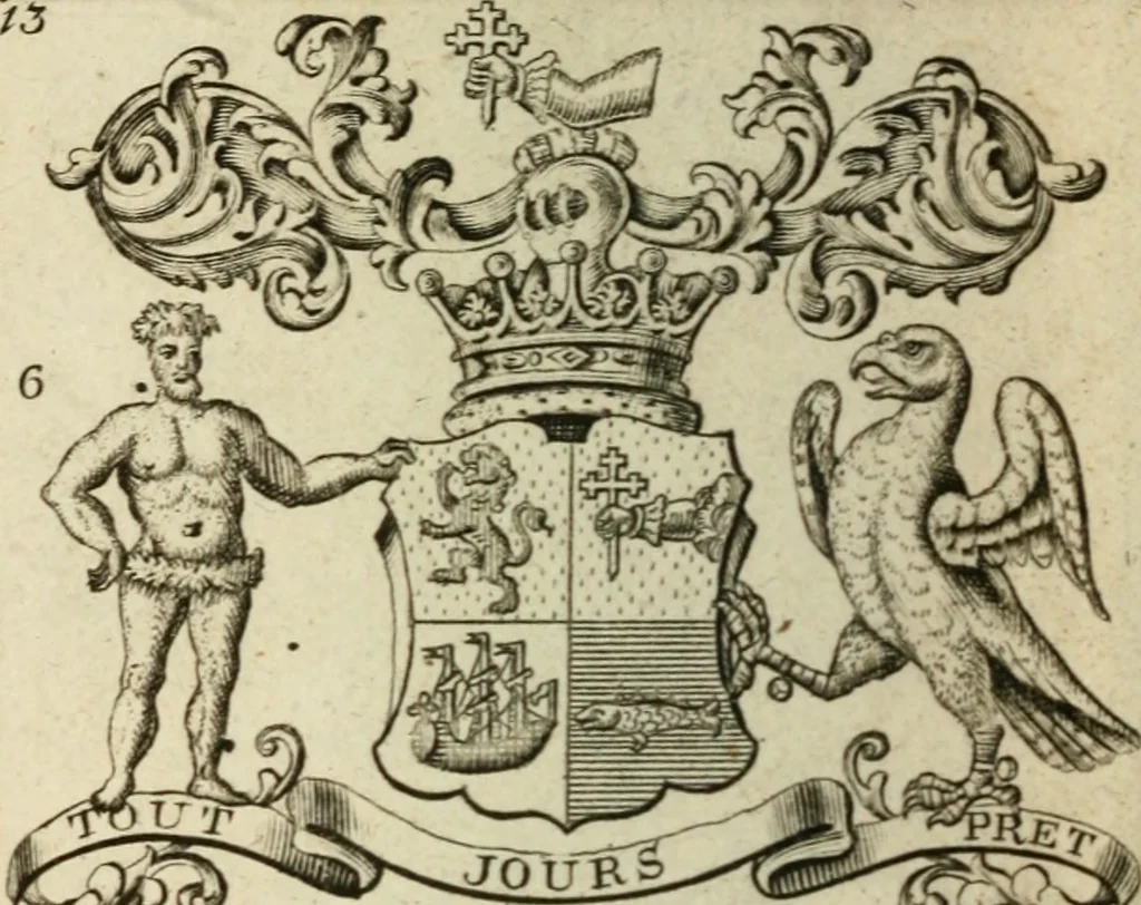 An illustration from The Irish compendium; or, Rudiments of honour. Containing the descents, marriages, issue, titles, posts, and seats of all the nobility of Ireland; with their arms, crests, supporters, mottos and Parliament robes ... Also a supplement, shewing the antiquity, dignity, and use of armories .., 1745, leaf 29