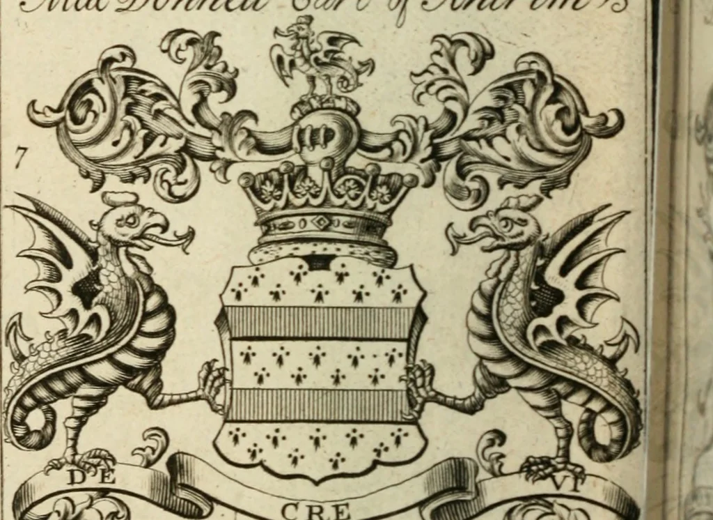 An illustration from The Irish compendium; or, Rudiments of honour. Containing the descents, marriages, issue, titles, posts, and seats of all the nobility of Ireland; with their arms, crests, supporters, mottos and Parliament robes ... Also a supplement, shewing the antiquity, dignity, and use of armories .., 1745, leaf 29
