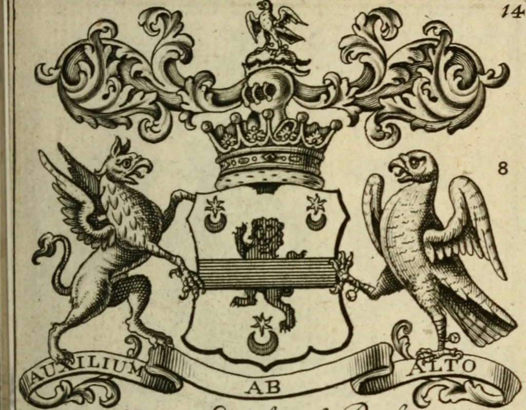 An illustration from The Irish compendium; or, Rudiments of honour. Containing the descents, marriages, issue, titles, posts, and seats of all the nobility of Ireland; with their arms, crests, supporters, mottos and Parliament robes ... Also a supplement, shewing the antiquity, dignity, and use of armories .., 1745, leaf 30