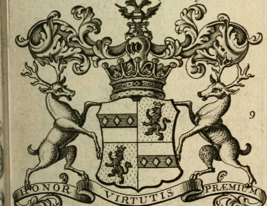 An illustration from The Irish compendium; or, Rudiments of honour. Containing the descents, marriages, issue, titles, posts, and seats of all the nobility of Ireland; with their arms, crests, supporters, mottos and Parliament robes ... Also a supplement, shewing the antiquity, dignity, and use of armories .., 1745, leaf 30