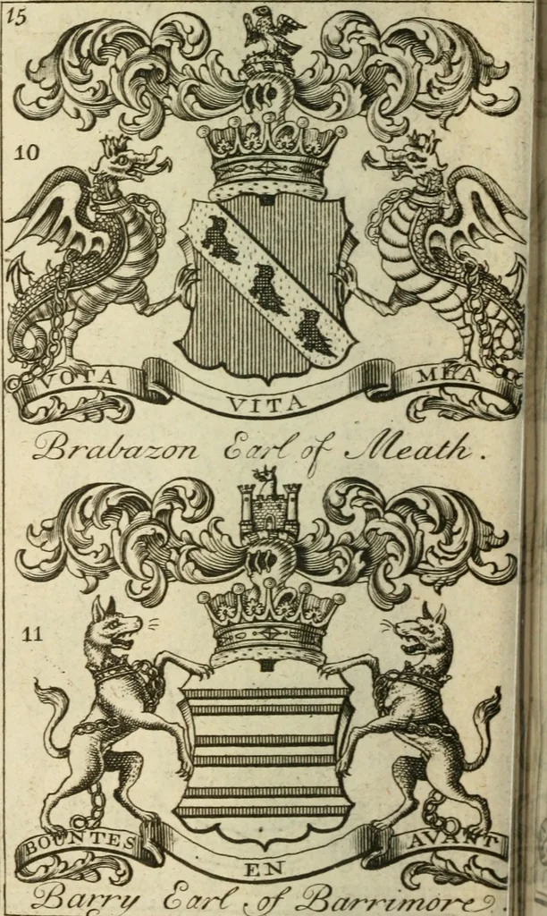 An illustration from The Irish compendium; or, Rudiments of honour. Containing the descents, marriages, issue, titles, posts, and seats of all the nobility of Ireland; with their arms, crests, supporters, mottos and Parliament robes ... Also a supplement, shewing the antiquity, dignity, and use of armories .., 1745, leaf 31
