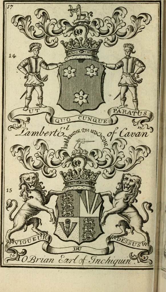 An illustration from The Irish compendium; or, Rudiments of honour. Containing the descents, marriages, issue, titles, posts, and seats of all the nobility of Ireland; with their arms, crests, supporters, mottos and Parliament robes ... Also a supplement, shewing the antiquity, dignity, and use of armories .., 1745, leaf 33
