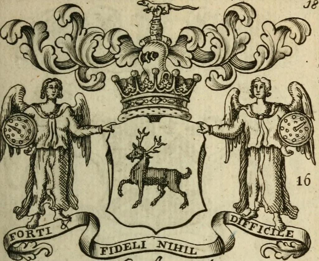 An illustration from The Irish compendium; or, Rudiments of honour. Containing the descents, marriages, issue, titles, posts, and seats of all the nobility of Ireland; with their arms, crests, supporters, mottos and Parliament robes ... Also a supplement, shewing the antiquity, dignity, and use of armories .., 1745, leaf 34