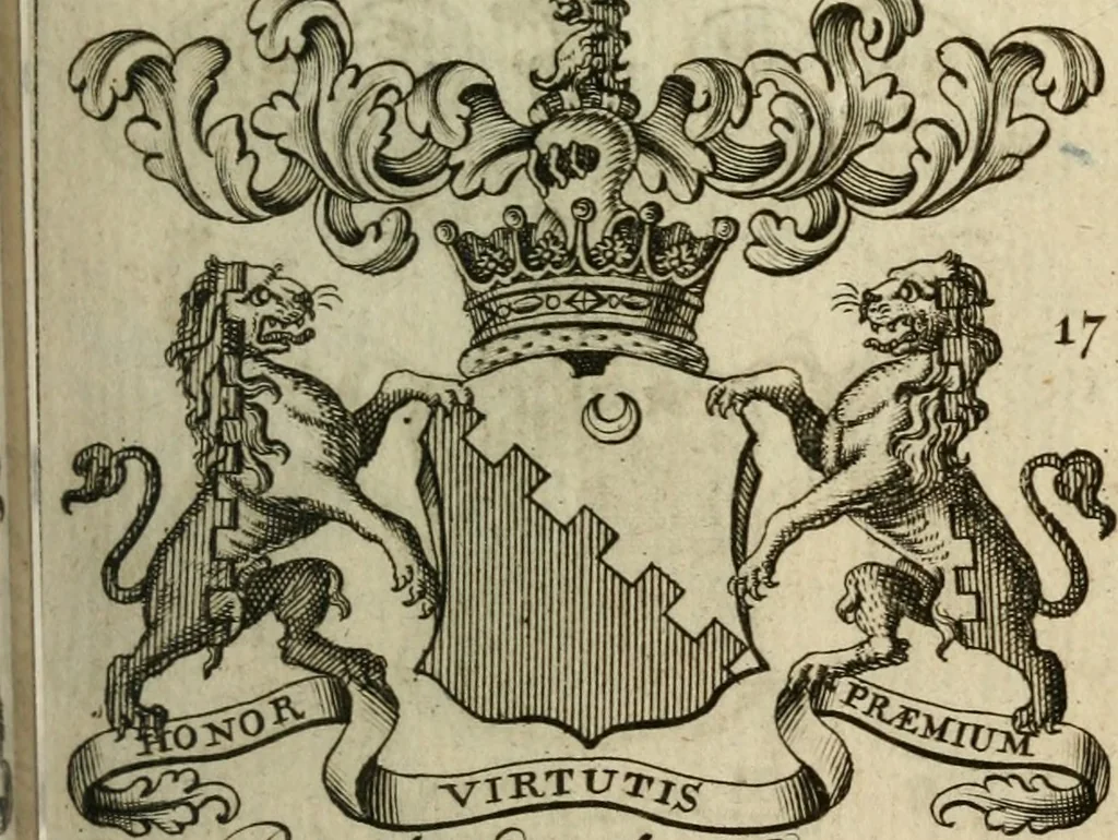 An illustration from The Irish compendium; or, Rudiments of honour. Containing the descents, marriages, issue, titles, posts, and seats of all the nobility of Ireland; with their arms, crests, supporters, mottos and Parliament robes ... Also a supplement, shewing the antiquity, dignity, and use of armories .., 1745, leaf 34