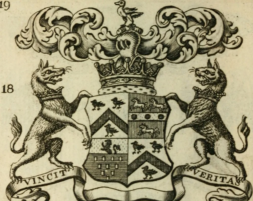 An illustration from The Irish compendium; or, Rudiments of honour. Containing the descents, marriages, issue, titles, posts, and seats of all the nobility of Ireland; with their arms, crests, supporters, mottos and Parliament robes ... Also a supplement, shewing the antiquity, dignity, and use of armories .., 1745, leaf 35