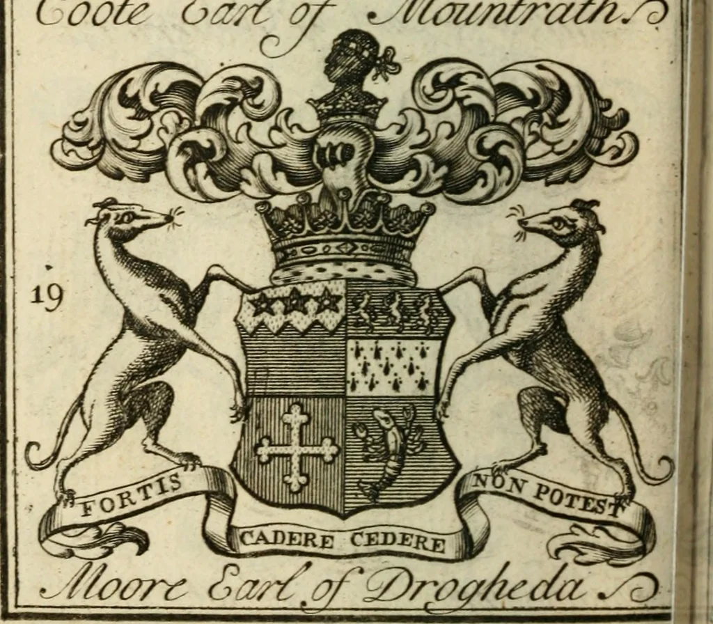 An illustration from The Irish compendium; or, Rudiments of honour. Containing the descents, marriages, issue, titles, posts, and seats of all the nobility of Ireland; with their arms, crests, supporters, mottos and Parliament robes ... Also a supplement, shewing the antiquity, dignity, and use of armories .., 1745, leaf 35
