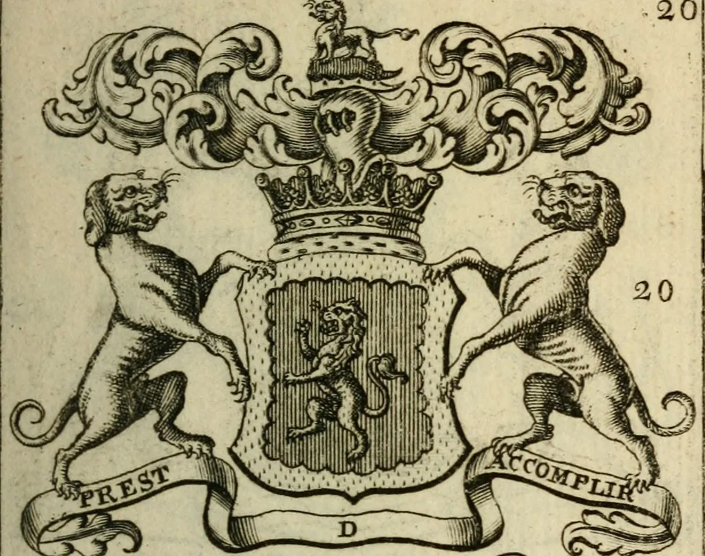 An illustration from The Irish compendium; or, Rudiments of honour. Containing the descents, marriages, issue, titles, posts, and seats of all the nobility of Ireland; with their arms, crests, supporters, mottos and Parliament robes ... Also a supplement, shewing the antiquity, dignity, and use of armories .., 1745, leaf 36