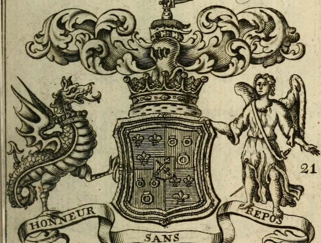 An illustration from The Irish compendium; or, Rudiments of honour. Containing the descents, marriages, issue, titles, posts, and seats of all the nobility of Ireland; with their arms, crests, supporters, mottos and Parliament robes ... Also a supplement, shewing the antiquity, dignity, and use of armories .., 1745, leaf 36