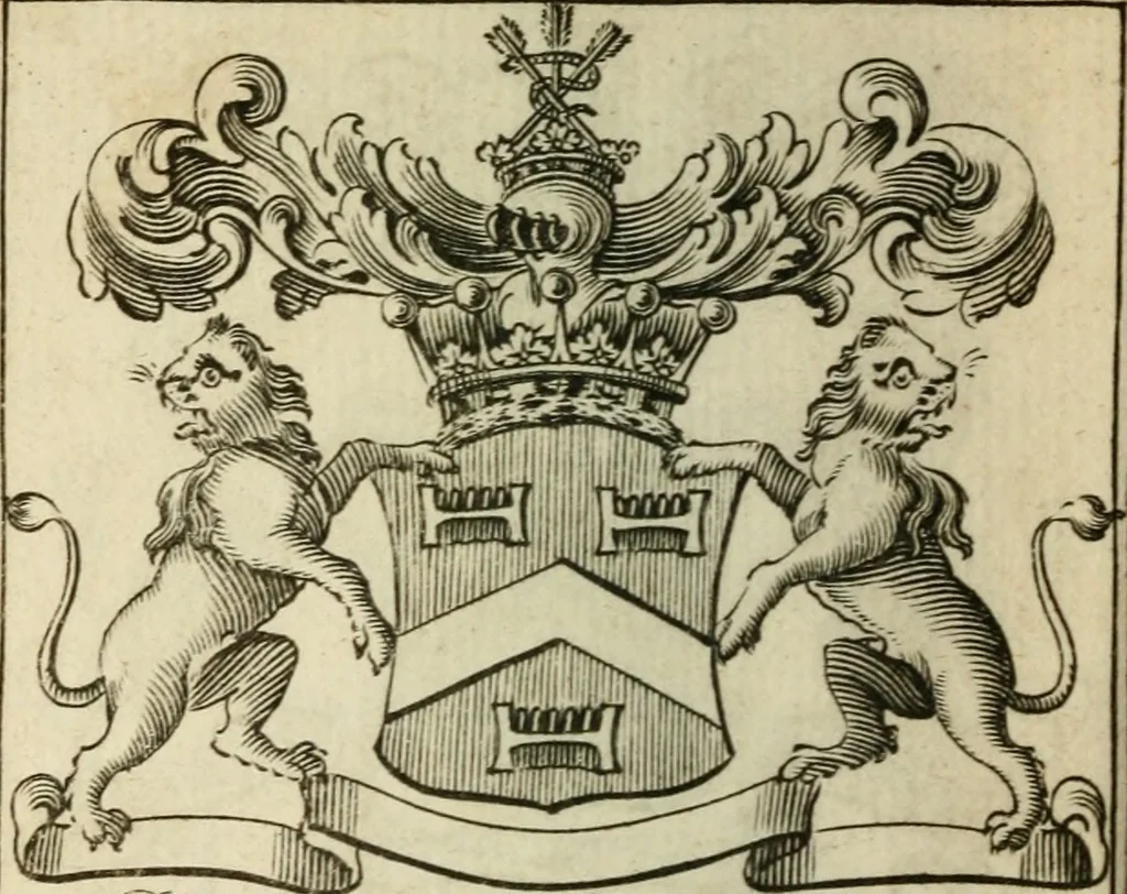 An illustration from The Irish compendium; or, Rudiments of honour. Containing the descents, marriages, issue, titles, posts, and seats of all the nobility of Ireland; with their arms, crests, supporters, mottos and Parliament robes ... Also a supplement, shewing the antiquity, dignity, and use of armories .., 1745, leaf 37