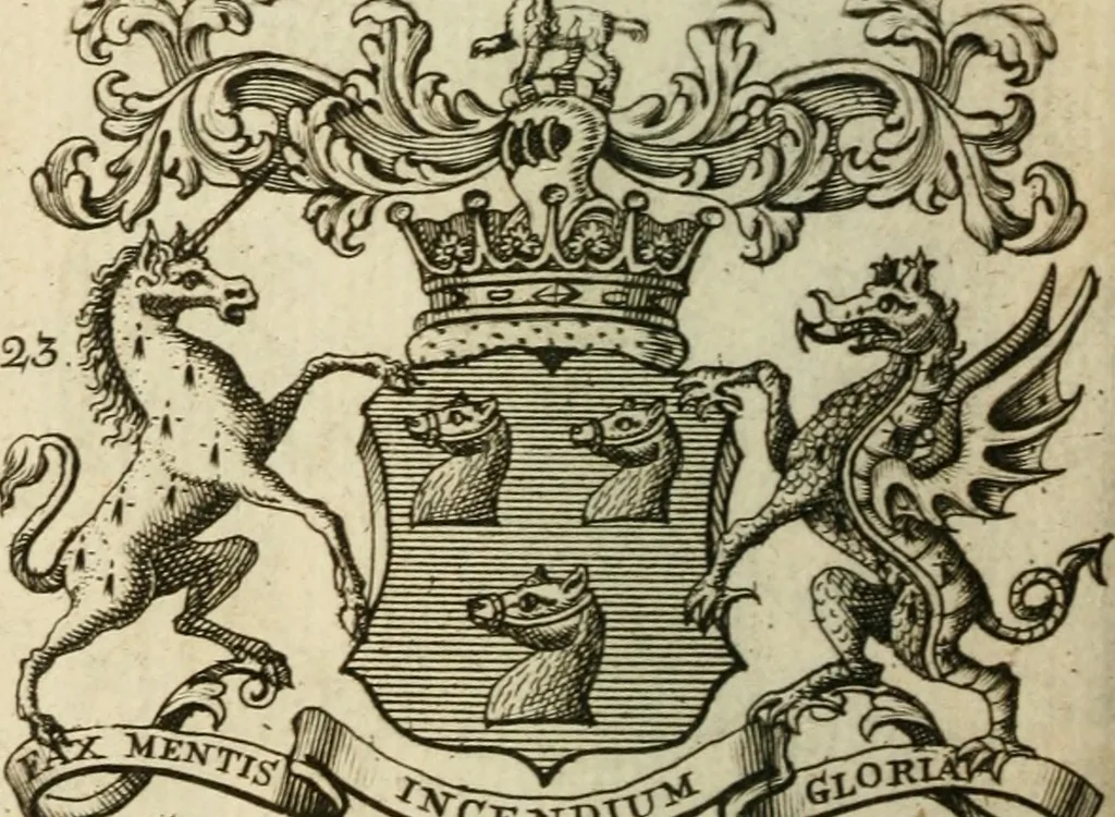 An illustration from The Irish compendium; or, Rudiments of honour. Containing the descents, marriages, issue, titles, posts, and seats of all the nobility of Ireland; with their arms, crests, supporters, mottos and Parliament robes ... Also a supplement, shewing the antiquity, dignity, and use of armories .., 1745, leaf 37