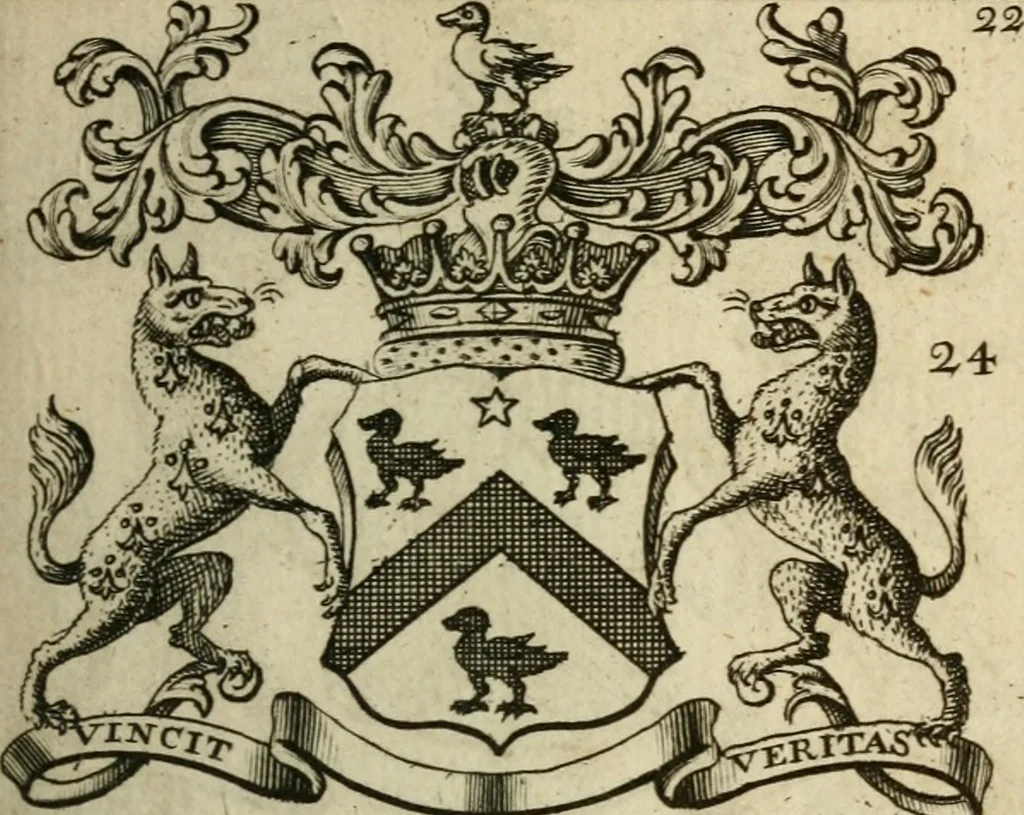 An illustration from The Irish compendium; or, Rudiments of honour. Containing the descents, marriages, issue, titles, posts, and seats of all the nobility of Ireland; with their arms, crests, supporters, mottos and Parliament robes ... Also a supplement, shewing the antiquity, dignity, and use of armories .., 1745, leaf 38