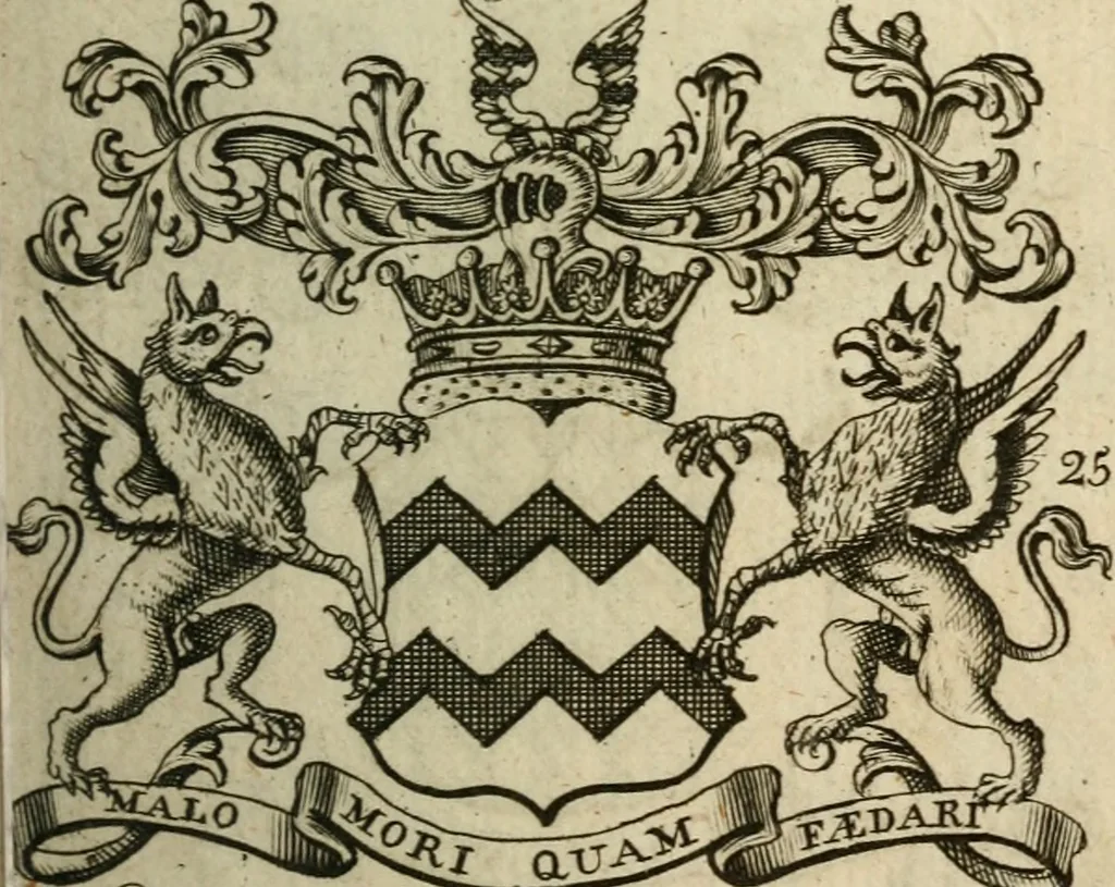 An illustration from The Irish compendium; or, Rudiments of honour. Containing the descents, marriages, issue, titles, posts, and seats of all the nobility of Ireland; with their arms, crests, supporters, mottos and Parliament robes ... Also a supplement, shewing the antiquity, dignity, and use of armories .., 1745, leaf 38