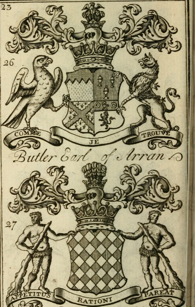 An illustration from The Irish compendium; or, Rudiments of honour. Containing the descents, marriages, issue, titles, posts, and seats of all the nobility of Ireland; with their arms, crests, supporters, mottos and Parliament robes ... Also a supplement, shewing the antiquity, dignity, and use of armories .., 1745, leaf 39