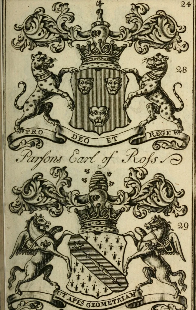 An illustration from The Irish compendium; or, Rudiments of honour. Containing the descents, marriages, issue, titles, posts, and seats of all the nobility of Ireland; with their arms, crests, supporters, mottos and Parliament robes ... Also a supplement, shewing the antiquity, dignity, and use of armories .., 1745, leaf 40