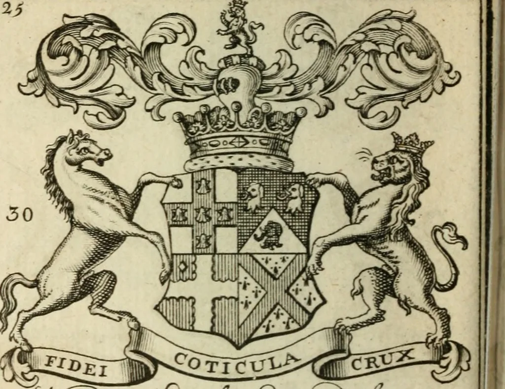 An illustration from The Irish compendium; or, Rudiments of honour. Containing the descents, marriages, issue, titles, posts, and seats of all the nobility of Ireland; with their arms, crests, supporters, mottos and Parliament robes ... Also a supplement, shewing the antiquity, dignity, and use of armories .., 1745, leaf 41