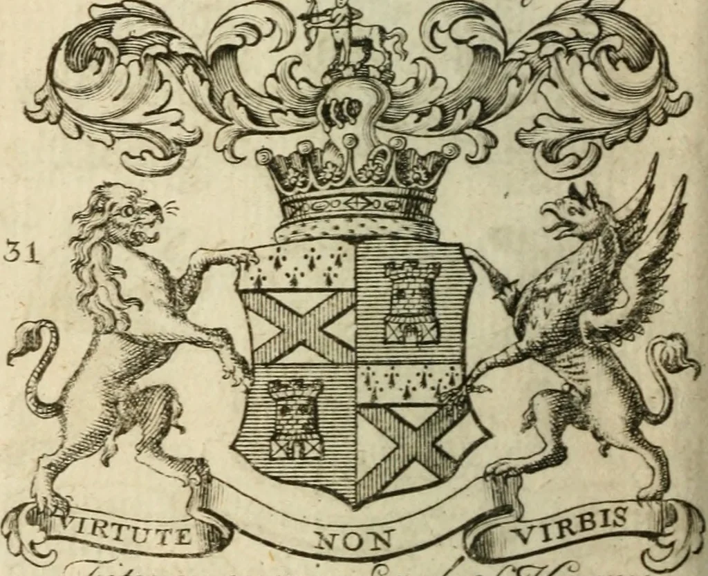 An illustration from The Irish compendium; or, Rudiments of honour. Containing the descents, marriages, issue, titles, posts, and seats of all the nobility of Ireland; with their arms, crests, supporters, mottos and Parliament robes ... Also a supplement, shewing the antiquity, dignity, and use of armories .., 1745, leaf 41