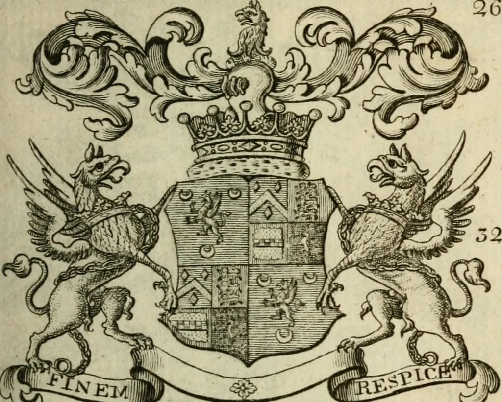 An illustration from The Irish compendium; or, Rudiments of honour. Containing the descents, marriages, issue, titles, posts, and seats of all the nobility of Ireland; with their arms, crests, supporters, mottos and Parliament robes ... Also a supplement, shewing the antiquity, dignity, and use of armories .., 1745, leaf 42