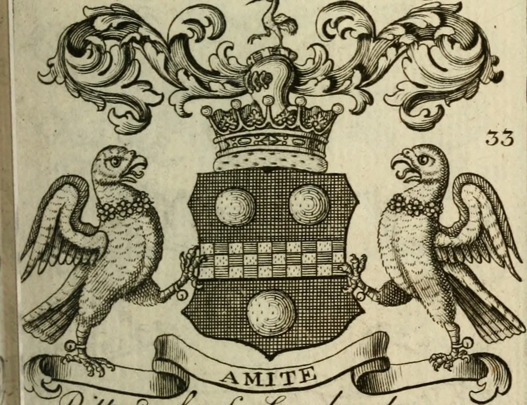 An illustration from The Irish compendium; or, Rudiments of honour. Containing the descents, marriages, issue, titles, posts, and seats of all the nobility of Ireland; with their arms, crests, supporters, mottos and Parliament robes ... Also a supplement, shewing the antiquity, dignity, and use of armories .., 1745, leaf 42