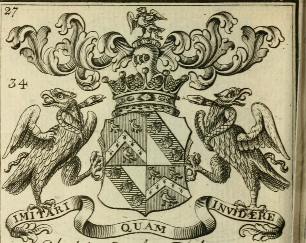 An illustration from The Irish compendium; or, Rudiments of honour. Containing the descents, marriages, issue, titles, posts, and seats of all the nobility of Ireland; with their arms, crests, supporters, mottos and Parliament robes ... Also a supplement, shewing the antiquity, dignity, and use of armories .., 1745, leaf 43