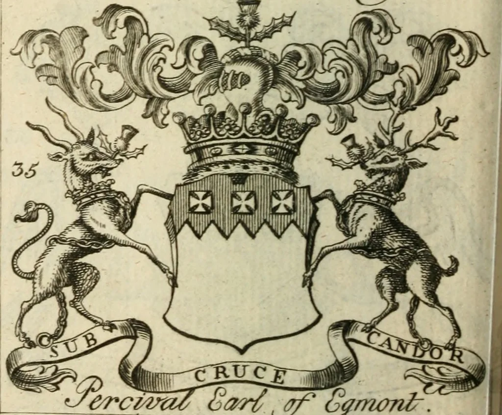 An illustration from The Irish compendium; or, Rudiments of honour. Containing the descents, marriages, issue, titles, posts, and seats of all the nobility of Ireland; with their arms, crests, supporters, mottos and Parliament robes ... Also a supplement, shewing the antiquity, dignity, and use of armories .., 1745, leaf 43