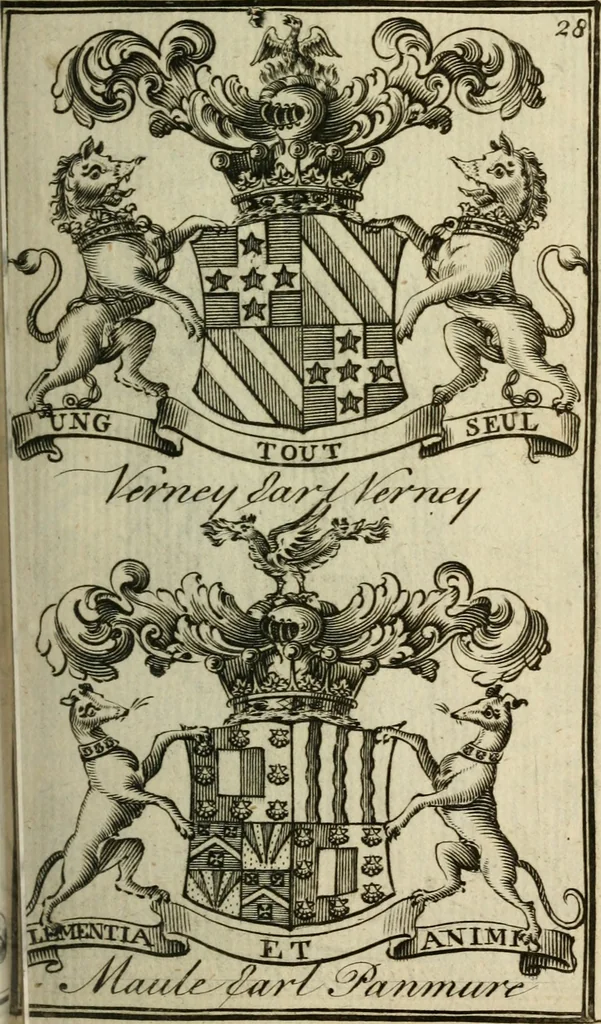 An illustration from The Irish compendium; or, Rudiments of honour. Containing the descents, marriages, issue, titles, posts, and seats of all the nobility of Ireland; with their arms, crests, supporters, mottos and Parliament robes ... Also a supplement, shewing the antiquity, dignity, and use of armories .., 1745, leaf 44