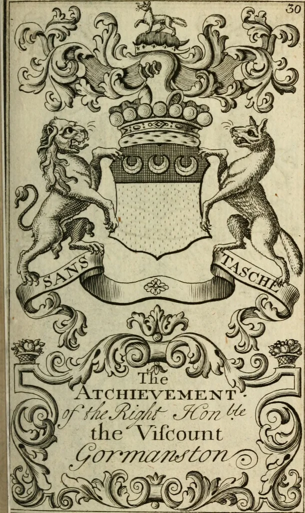 An illustration from The Irish compendium; or, Rudiments of honour. Containing the descents, marriages, issue, titles, posts, and seats of all the nobility of Ireland; with their arms, crests, supporters, mottos and Parliament robes ... Also a supplement, shewing the antiquity, dignity, and use of armories .., 1745, leaf 46