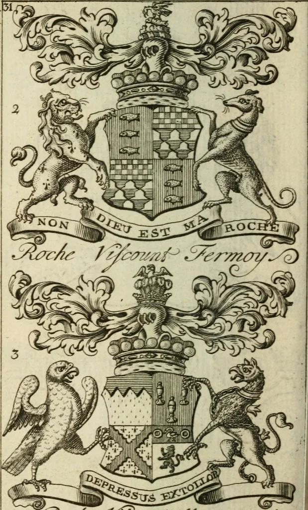 An illustration from The Irish compendium; or, Rudiments of honour. Containing the descents, marriages, issue, titles, posts, and seats of all the nobility of Ireland; with their arms, crests, supporters, mottos and Parliament robes ... Also a supplement, shewing the antiquity, dignity, and use of armories .., 1745, leaf 47