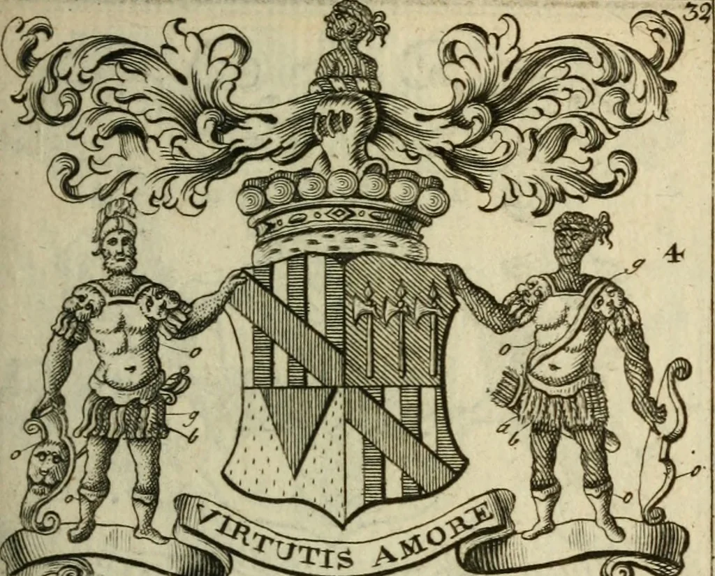 An illustration from The Irish compendium; or, Rudiments of honour. Containing the descents, marriages, issue, titles, posts, and seats of all the nobility of Ireland; with their arms, crests, supporters, mottos and Parliament robes ... Also a supplement, shewing the antiquity, dignity, and use of armories .., 1745, leaf 48