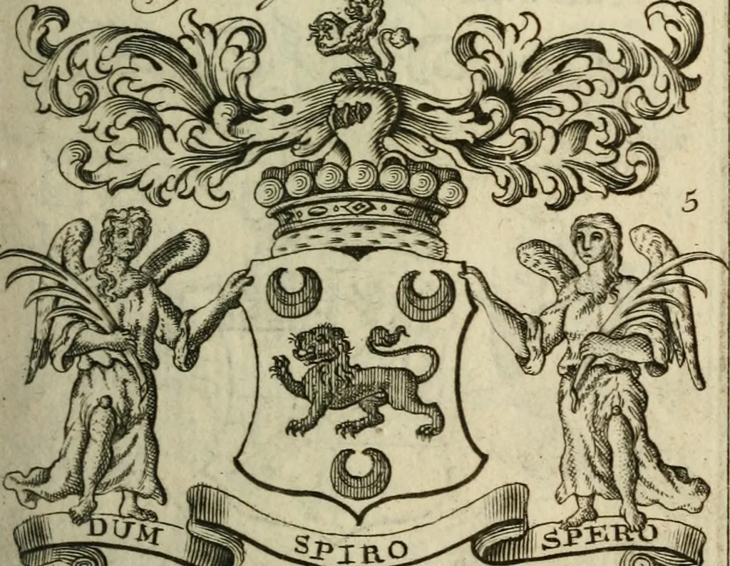 An illustration from The Irish compendium; or, Rudiments of honour. Containing the descents, marriages, issue, titles, posts, and seats of all the nobility of Ireland; with their arms, crests, supporters, mottos and Parliament robes ... Also a supplement, shewing the antiquity, dignity, and use of armories .., 1745, leaf 48